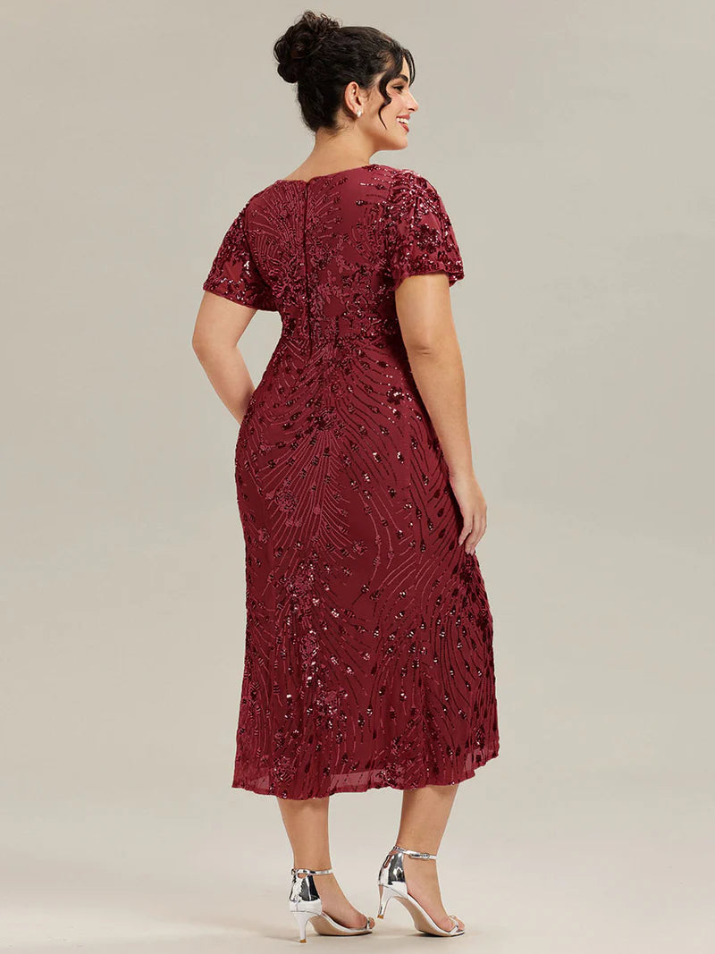 Burgundy mother of the bride plus size midi dress.