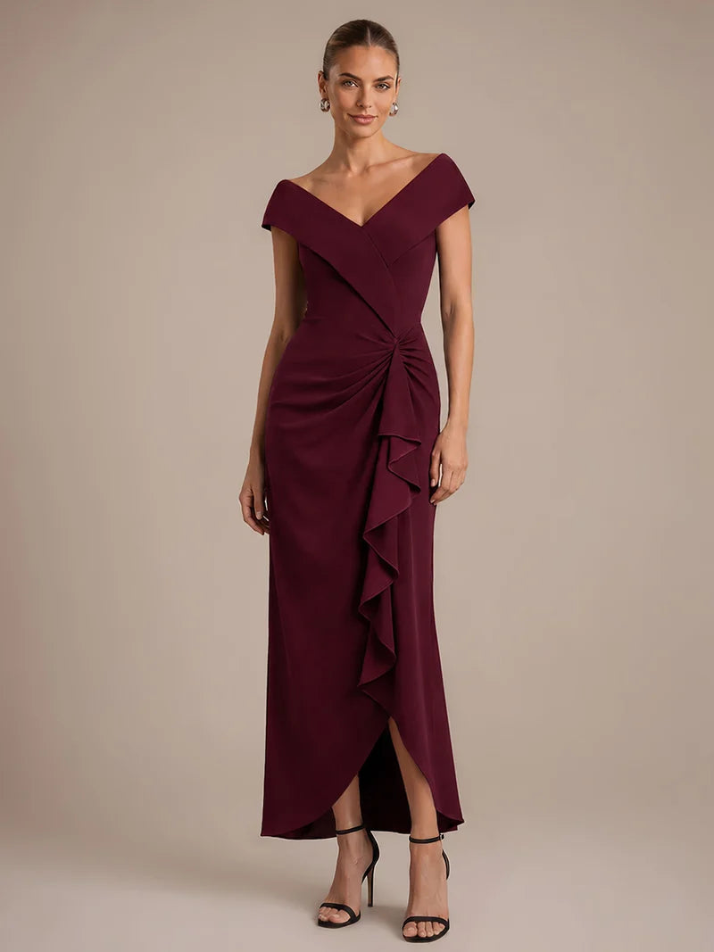 Burgundy formal dress with ruffle design and off shoulder style.