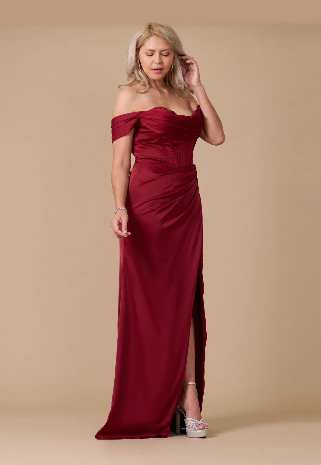Burgundy off the shoulder or strapless corset lace up back plus size formal dress.
