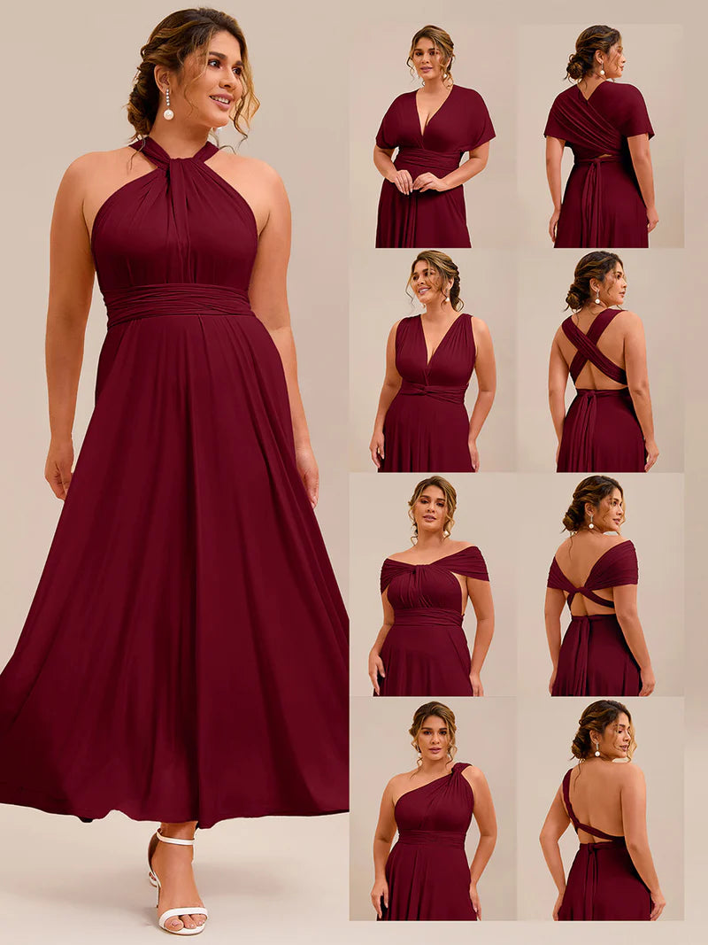 Burgundy plus size infinity multiway bridesmaid dress with tube top.