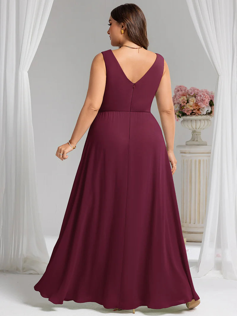 Burgundy red plus size bridesmaid dress, sleeveless A-line chiffon with split.