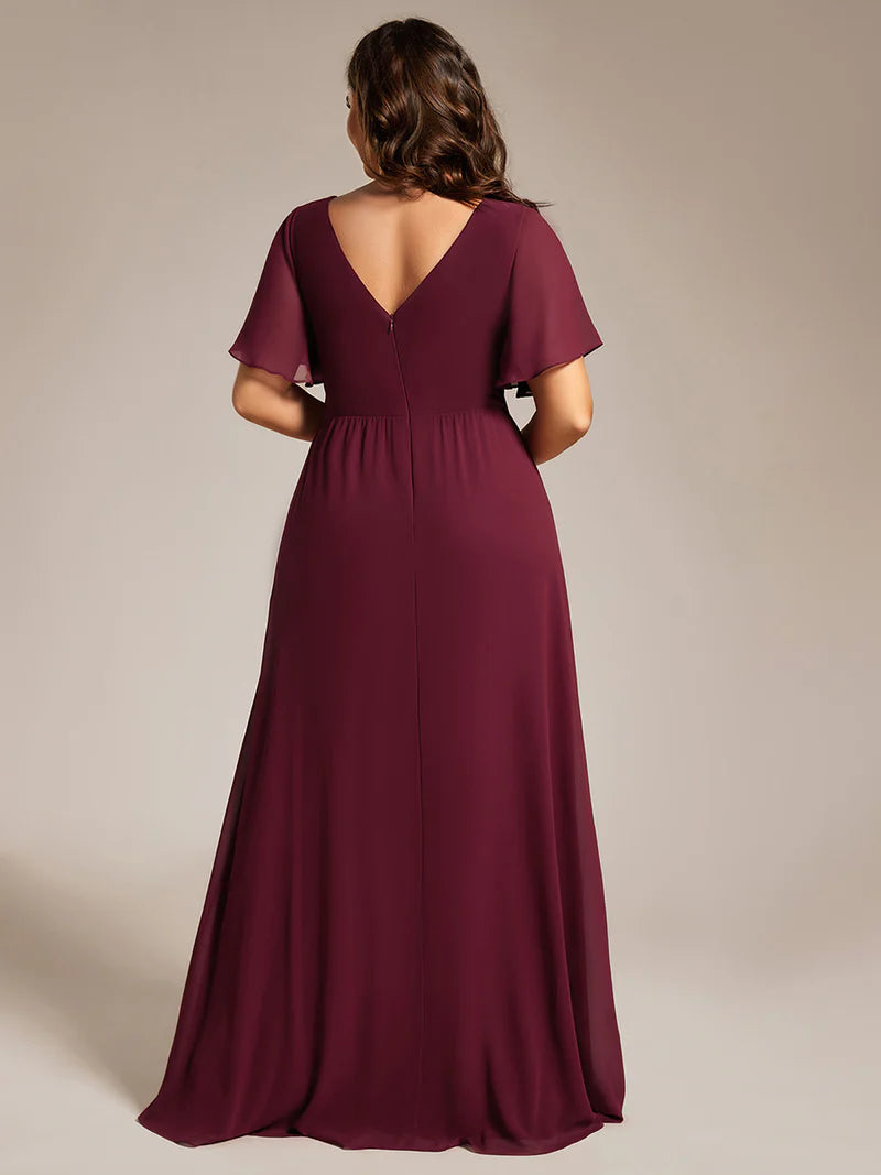 Burgundy plus size formal dress with sleeves and a hidden split.