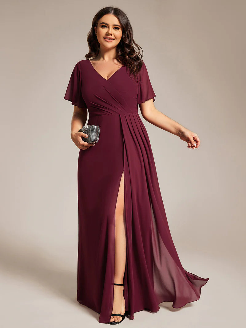 Burgundy plus size formal dress with sleeves and a hidden split.