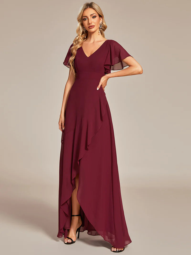 Burgundy red bridesmaid dress with high low ruffle and chiffon.