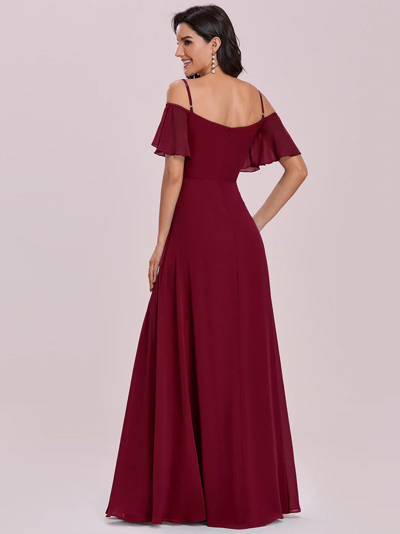 Burgundy red bridesmaid dress, off shoulder chiffon.
