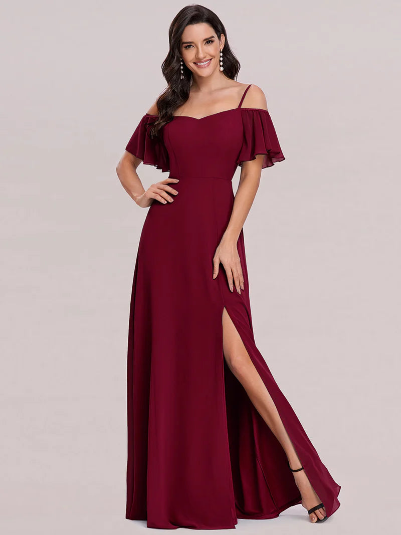 Burgundy red bridesmaid dress, off shoulder chiffon.