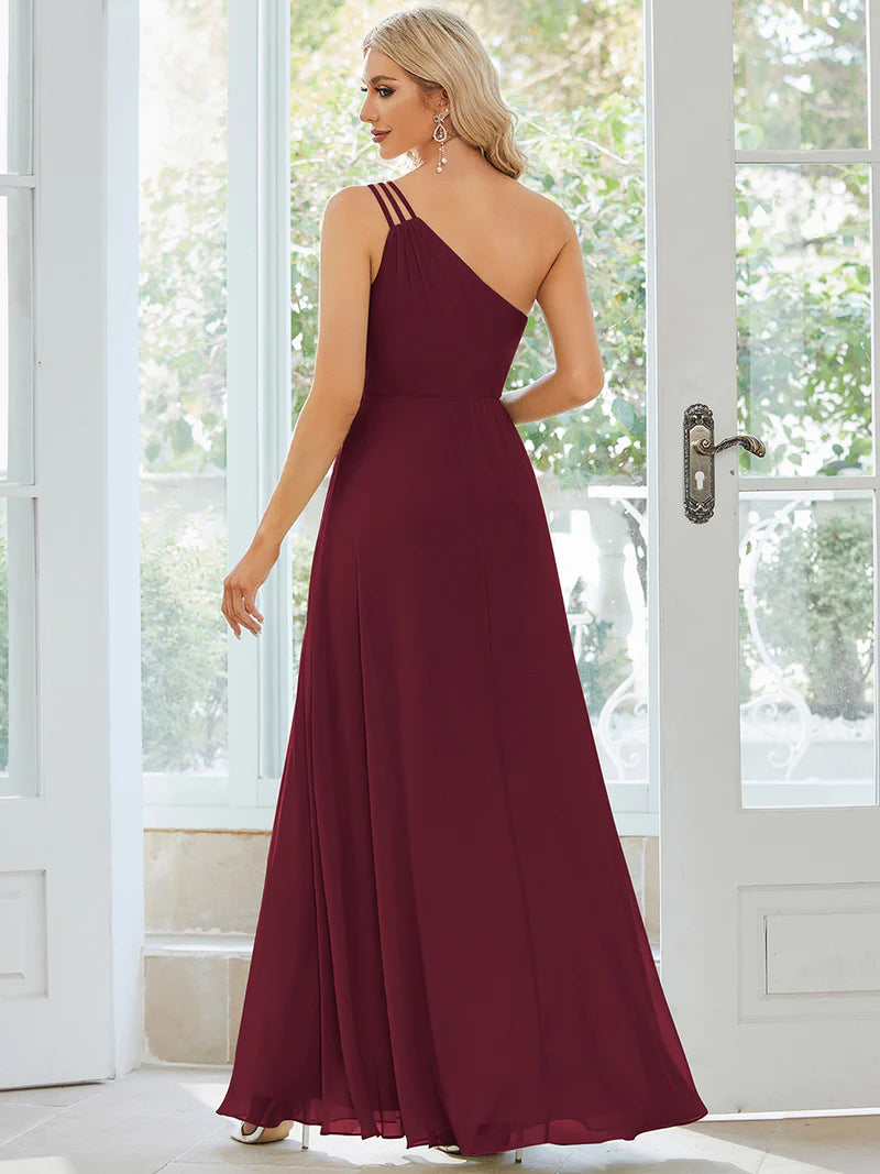 Burgundy red bridesmaid dress with one shoulder, beaded and chiffon.