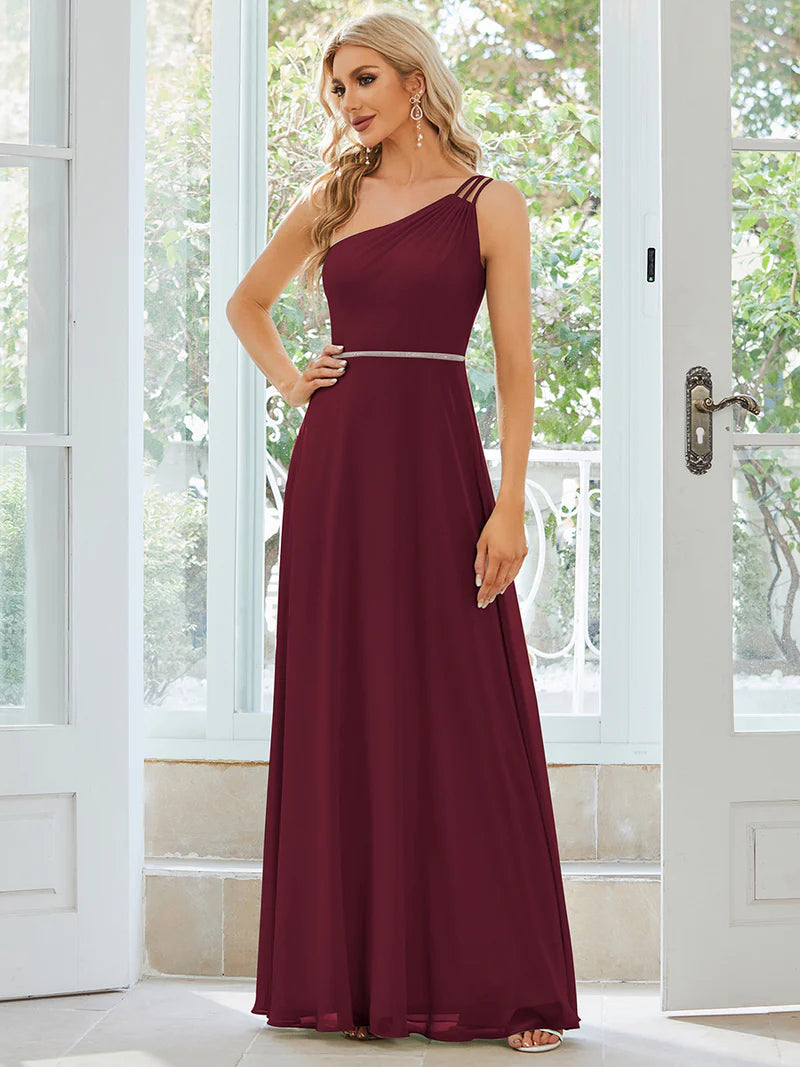 Burgundy red bridesmaid dress with one shoulder, beaded and chiffon.