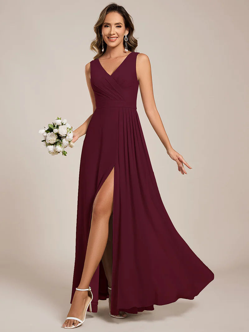 Burgundy red bridesmaid dress, sleeveless A-line chiffon dress with split.