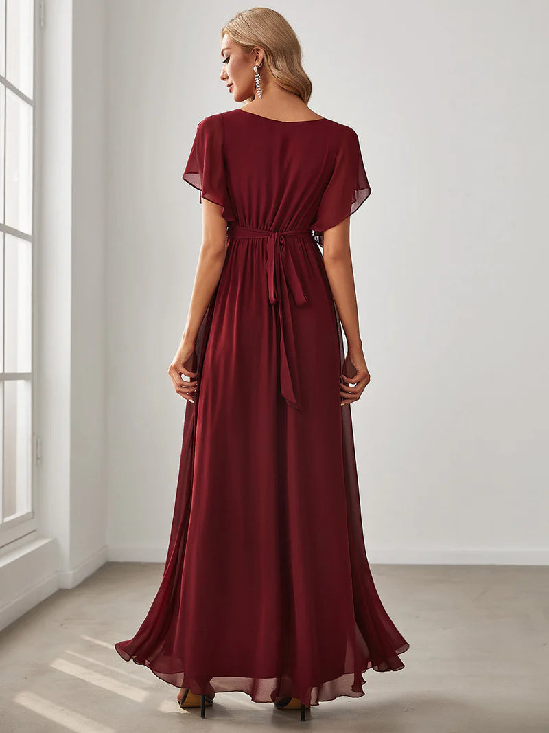 Burgundy red bridesmaid dress with v-neck and a-line.