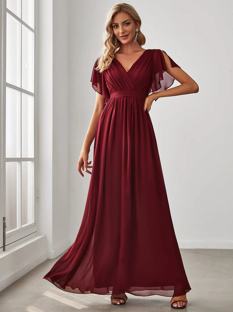 Burgundy red bridesmaid dress with v-neck and a-line.