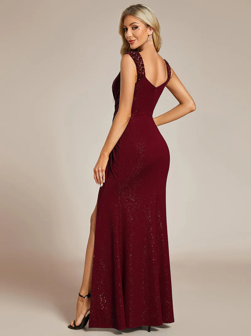 Burgundy red formal dress with glitter and split front.