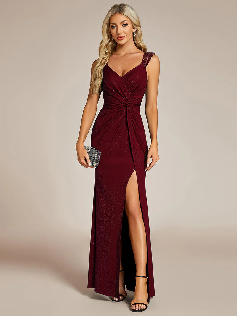 Burgundy red formal dress with glitter and split front.