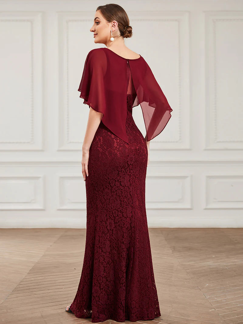 Burgundy Red Mother of the Bride dress with fishtail finish, lace with chiffon cape ruffle sleeves. Graceful Elegance bridal shop services Logan, Brisbane, Gold Coast, Scenic Rim.