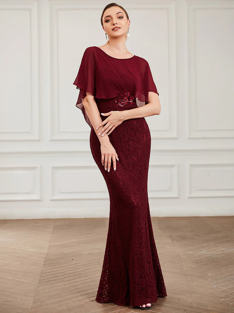 Burgundy Red Mother of the Bride dress with fishtail finish, lace with chiffon cape ruffle sleeves. Graceful Elegance bridal shop services Logan, Brisbane, Gold Coast, Scenic Rim.