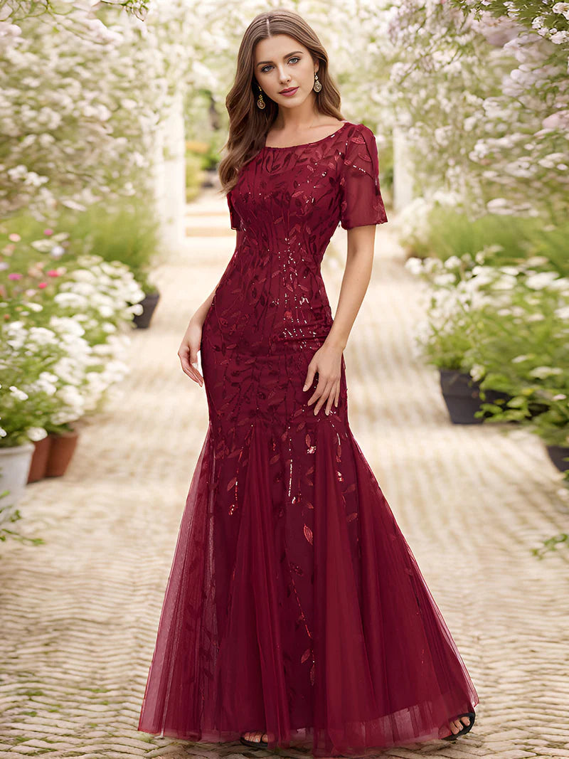 Burgundy red Mother of the bride dress, short sleeve with tulle, lace and sequin detailing.