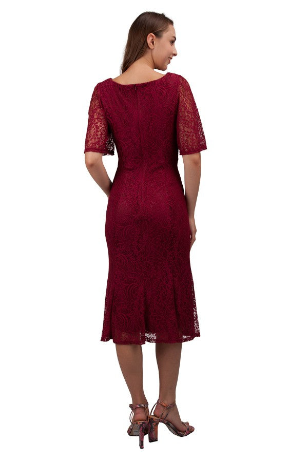 Burgundy red mother of the bride short sleeve lace midi dress by Miss Anne available in plus size.