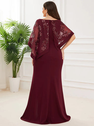Burgundy red mother of the bride plus size dress with lace sequin overlay.
