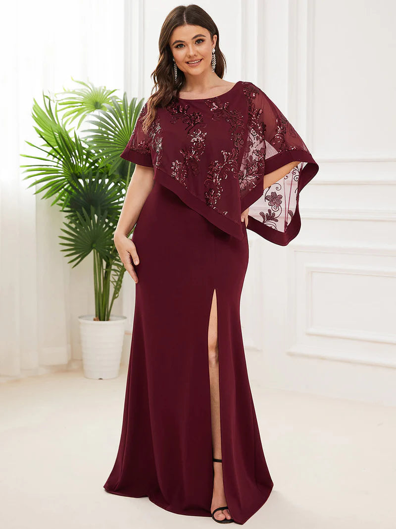 Burgundy red mother of the bride plus size dress with lace sequin overlay.