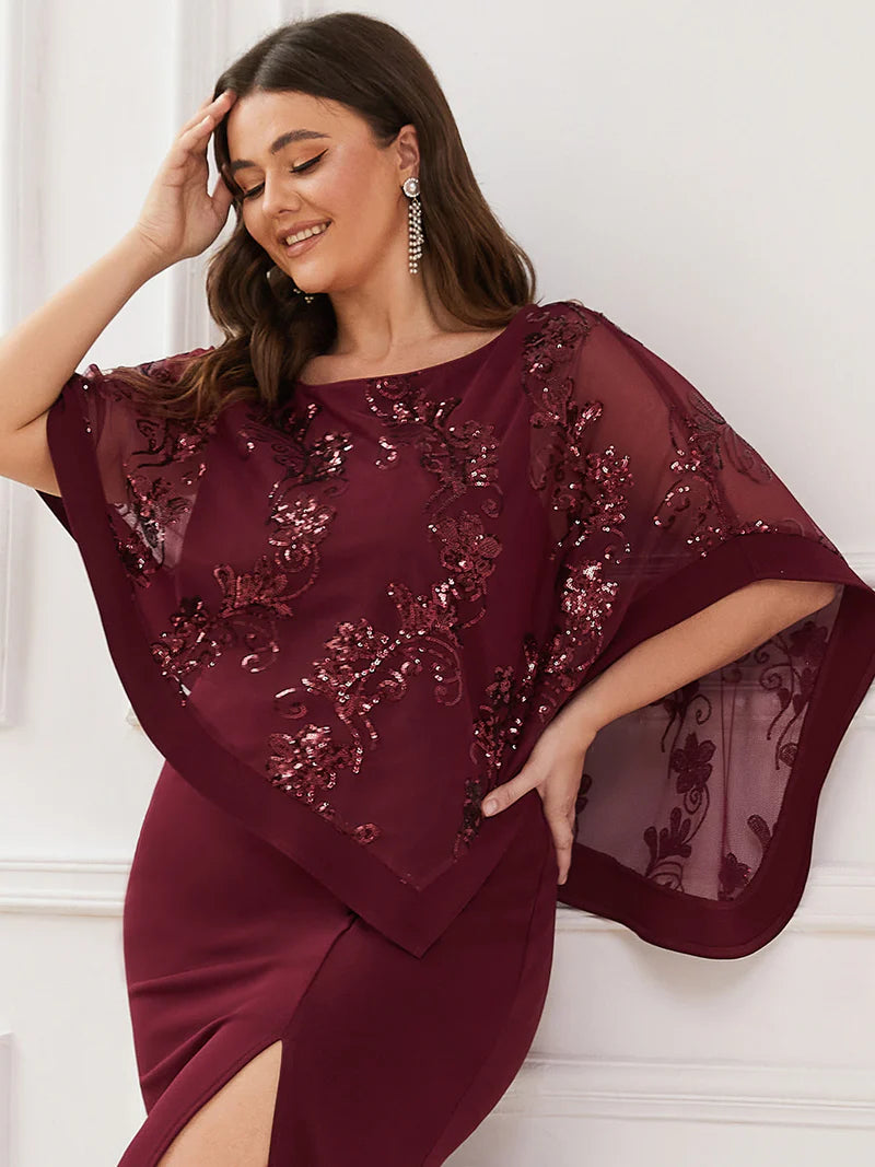 Burgundy red mother of the bride plus size dress with lace sequin overlay.
