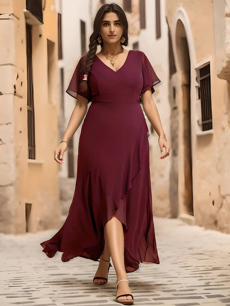 Burgundy red plus sized bridesmaid dress with high low ruffle and chiffon.