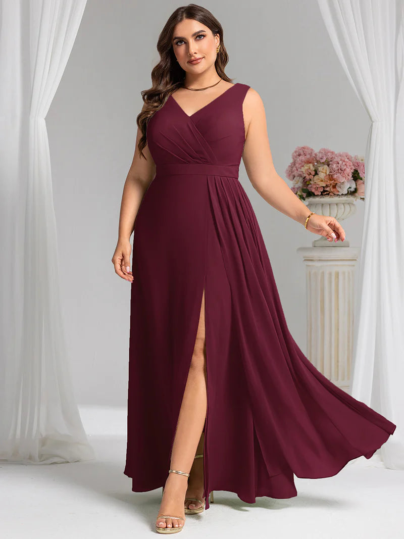 Burgundy red plus size bridesmaid dress, sleeveless A-line chiffon with split.