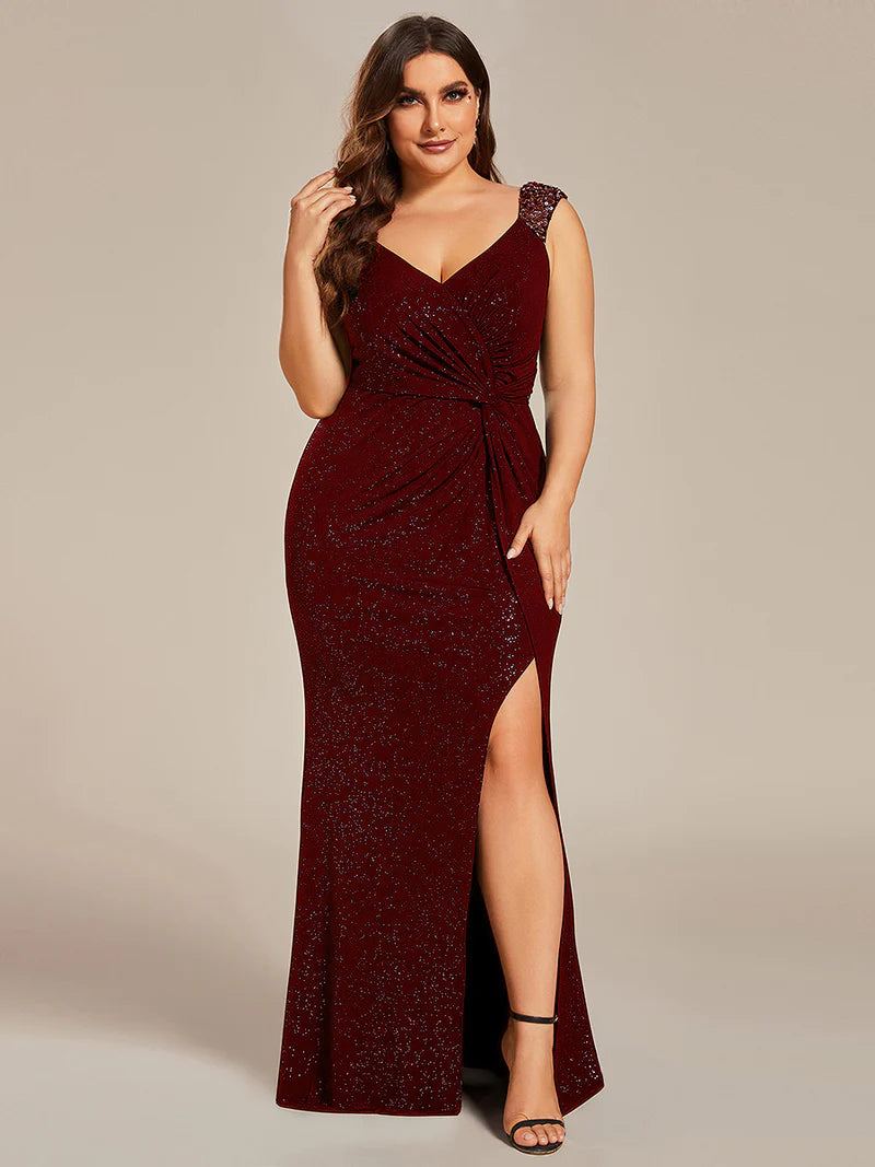 Burgundy red plus sized formal dress with glitter and split front.