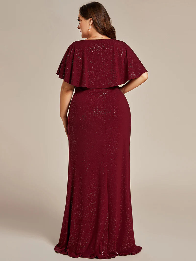 Burgundy red plus size sparkly v-neck short sleeve, maxi formal or mother of the bride dress with belt.