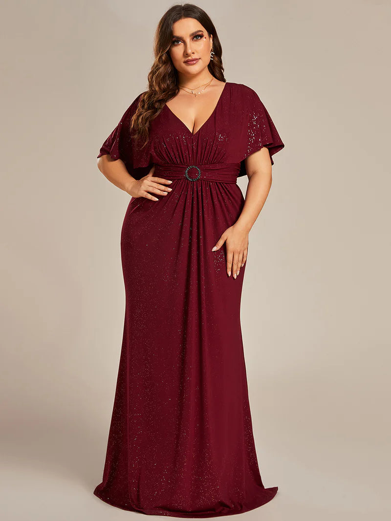 Burgundy red plus size sparkly v-neck short sleeve, maxi formal or mother of the bride dress with belt.