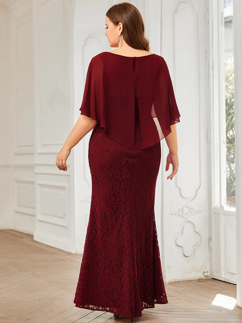 Burgundy red Mother of the Bride dress in plus size with fishtail finish, lace with chiffon cape ruffle sleeves. Graceful Elegance bridal shop services Logan, Brisbane, Gold Coast, Scenic Rim.