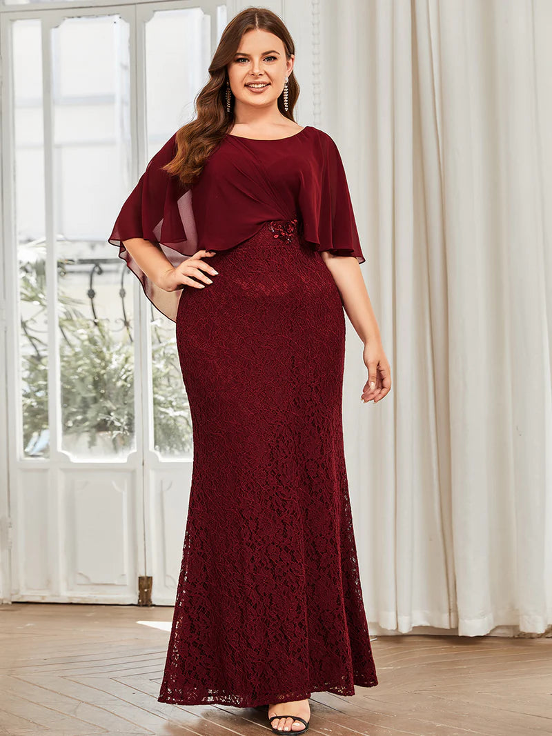Burgundy red Mother of the Bride dress in plus size with fishtail finish, lace with chiffon cape ruffle sleeves. Graceful Elegance bridal shop services Logan, Brisbane, Gold Coast, Scenic Rim.