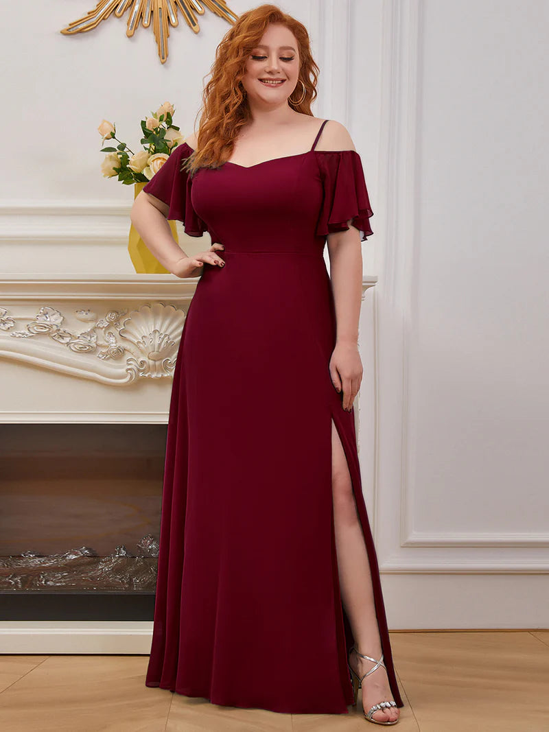 Burgundy red plus sized bridesmaid dress, off shoulder chiffon.
