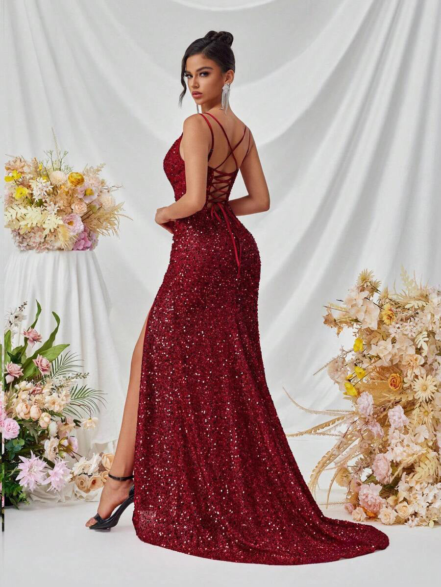 Burgundy Red formal dress, sequin corset style evening dress with spaghetti straps and lace up back. Graceful Elegance services Logan, Brisbane, Gold Coast, Scenic Rim.