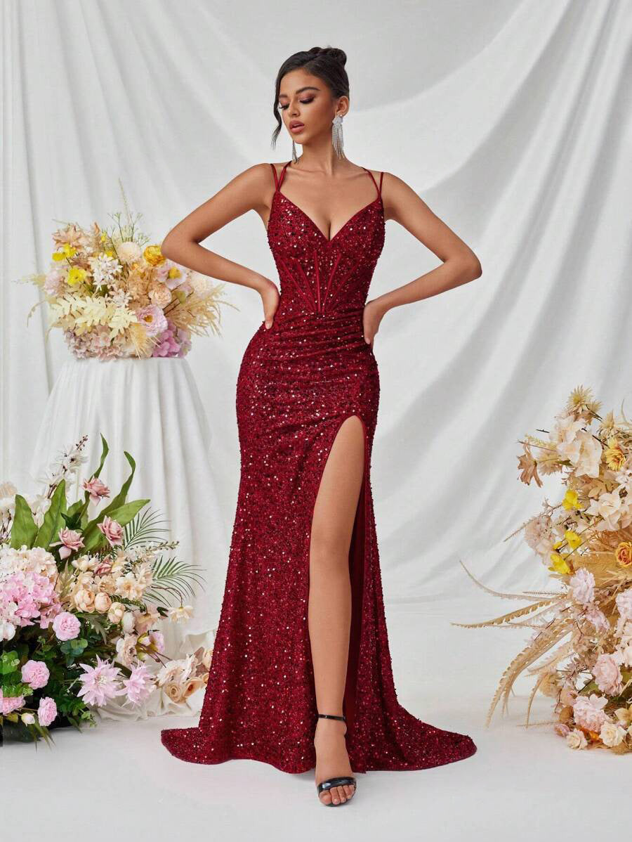 Burgundy Red formal dress, sequin corset style evening dress with spaghetti straps and lace up back. Graceful Elegance services Logan, Brisbane, Gold Coast, Scenic Rim.