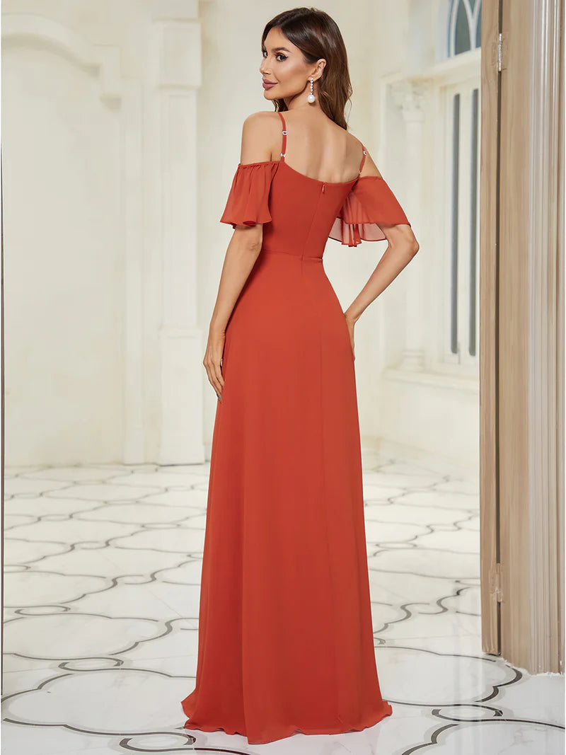 Burnt orange bridesmaid dress, off shoulder chiffon.