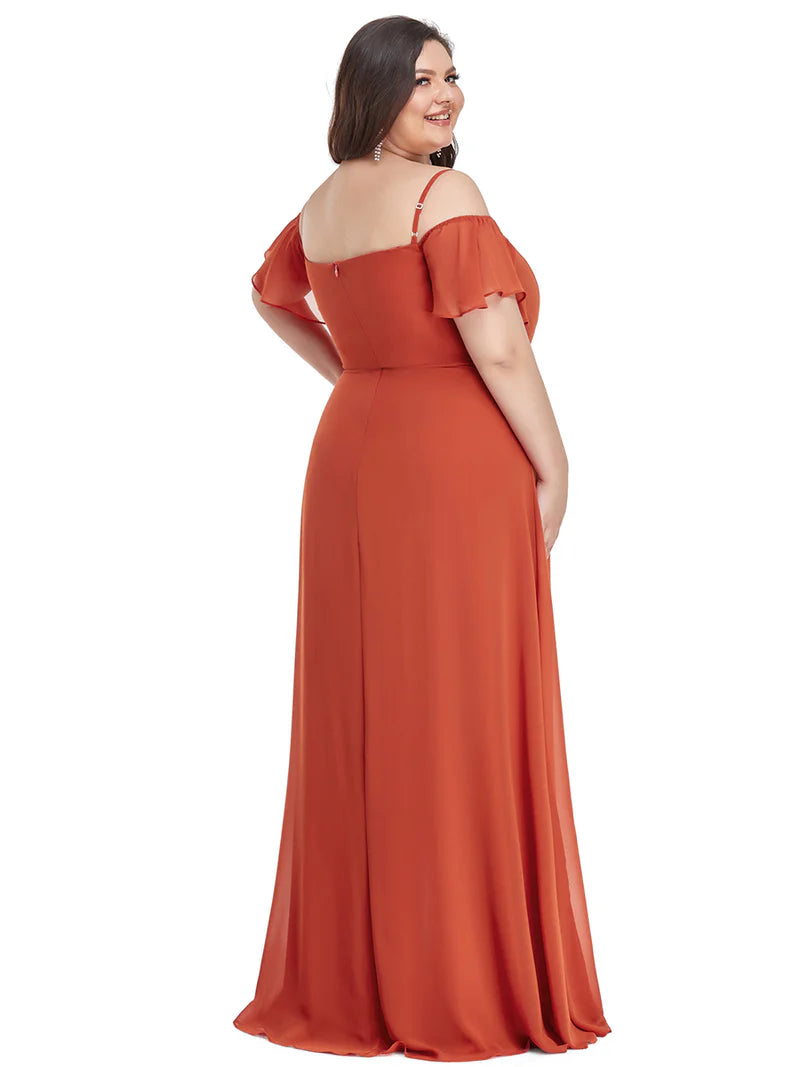 Burnt orange plus sized bridesmaid dress, off shoulder chiffon.