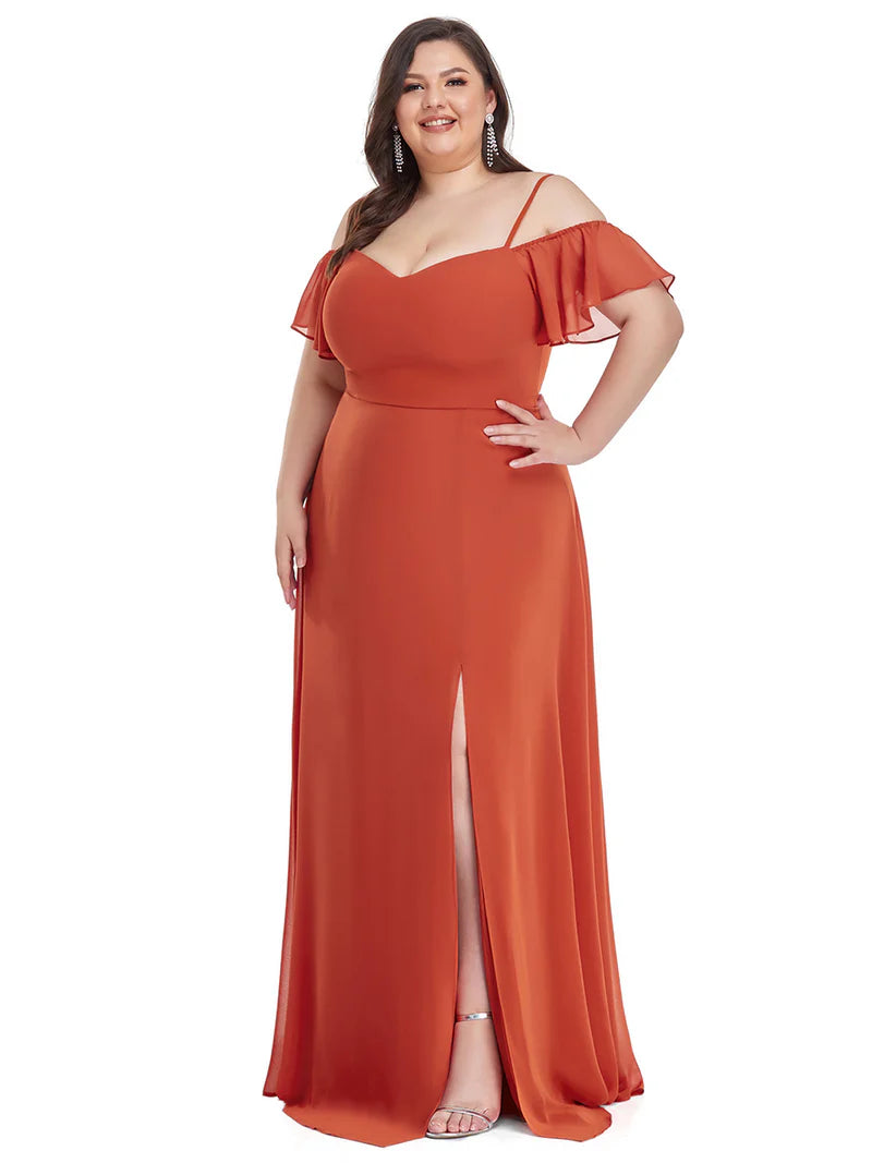 Burnt orange plus sized bridesmaid dress, off shoulder chiffon.