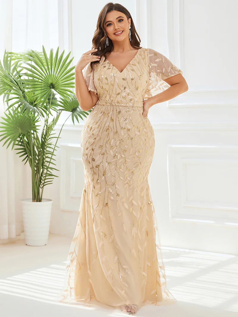 Champagne Plus Size Mother of the bride or formal dress with tulle, sequins and lace ruffle sleeves.