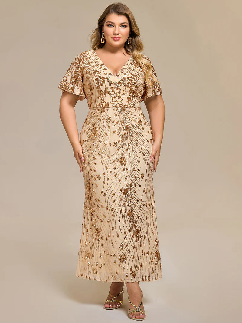 Champagne mother of the bride plus size midi dress.