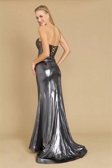 Charcoal silver leather look strapless corset mermaid tail formal dress.