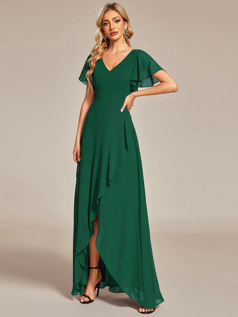 Dark green bridesmaid dress with high low ruffle and chiffon.