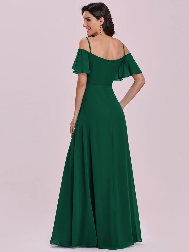 Dark green bridesmaid dress, off shoulder chiffon.