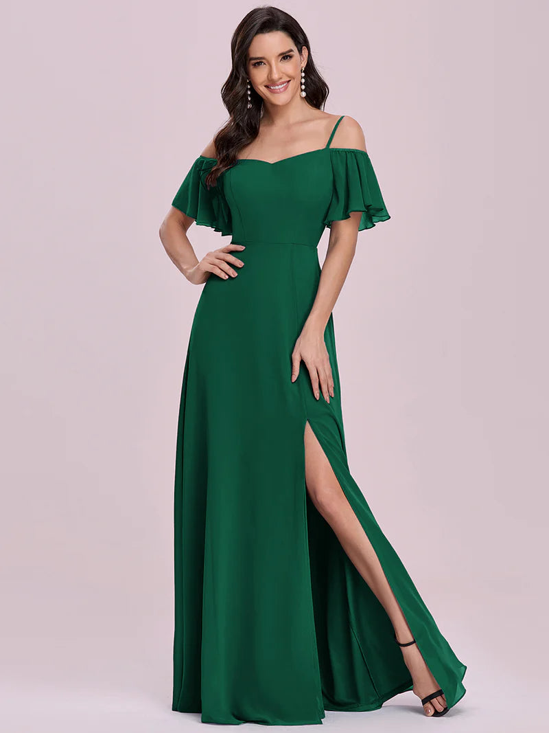 Dark green bridesmaid dress, off shoulder chiffon.