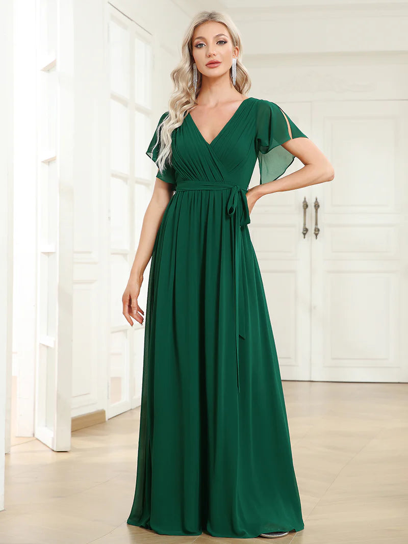 Dark green bridesmaid dress with v-neck and a-line.