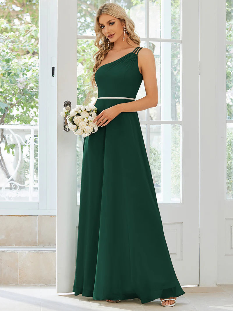 Dark green formal dress with one shoulder, beaded and chiffon.