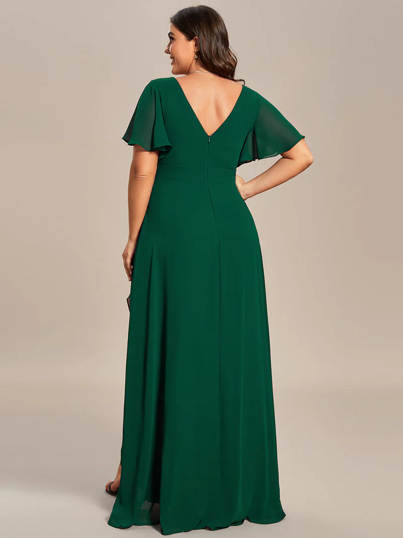 Dark green plus sized bridesmaid dress with high low ruffle and chiffon.