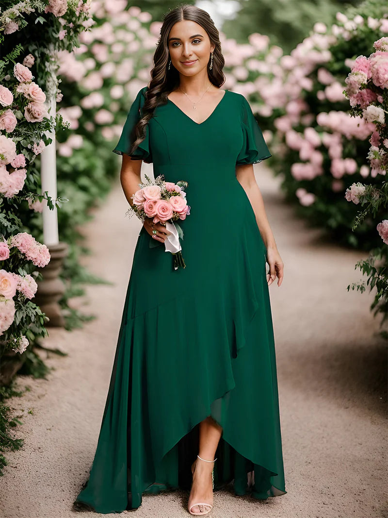 Dark green plus sized bridesmaid dress with high low ruffle and chiffon.