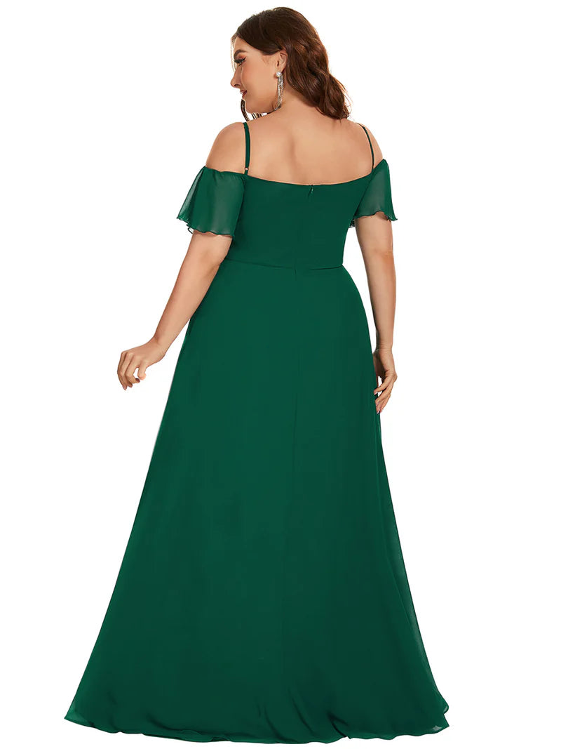 Dark green plus sized bridesmaid dress, off shoulder chiffon.