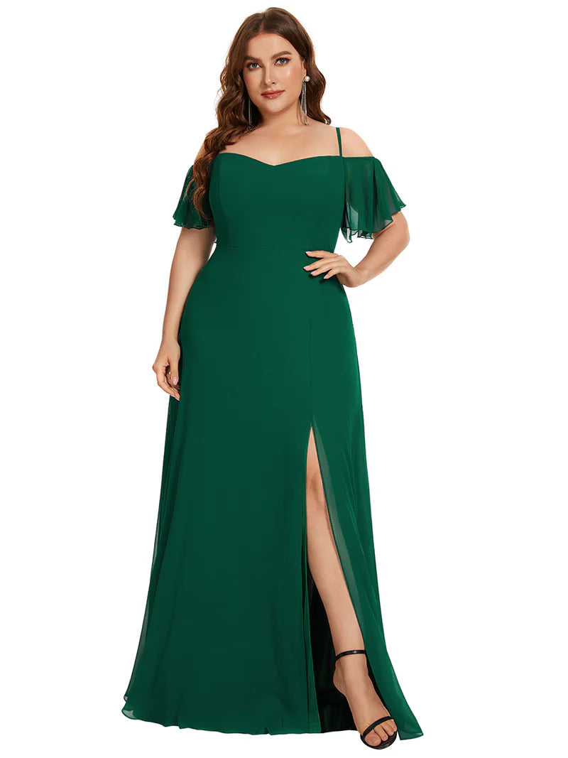 Dark green plus sized bridesmaid dress, off shoulder chiffon.
