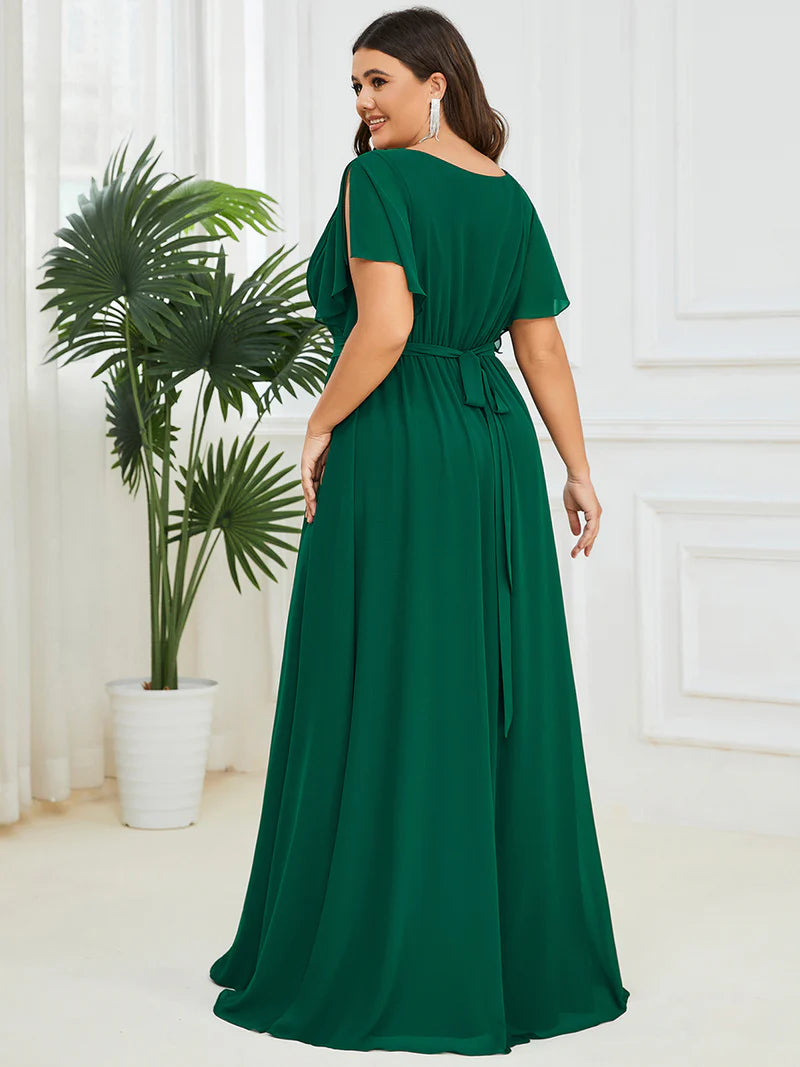 Dark green plus sized bridesmaid dress with v-neck and a-line.